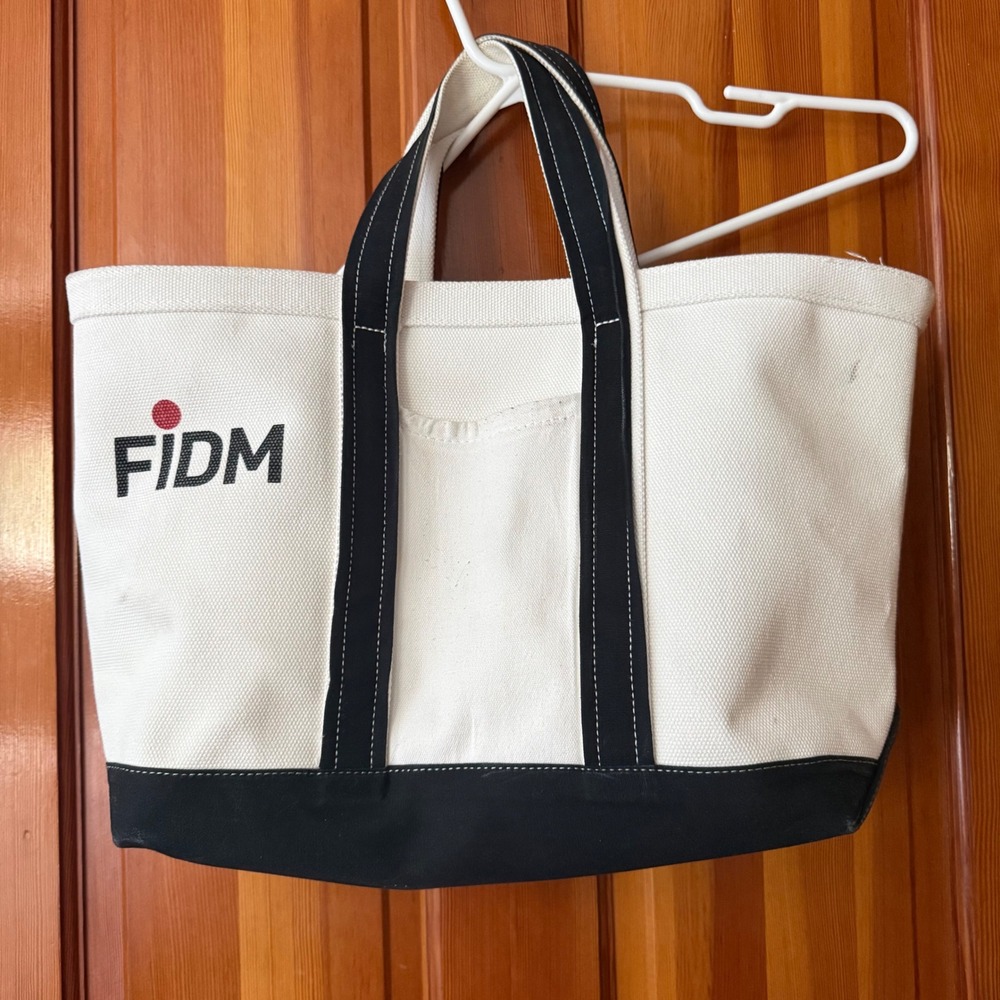 FIDM Tote Bag Unisex Large White Black Good Canvas Zipper Shoulder Strap Logo